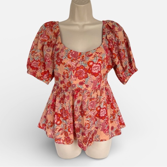 THML Floral Tie Back Peplum Blouse Small Puff Sleeve Open Back Top - Picture 5 of 8